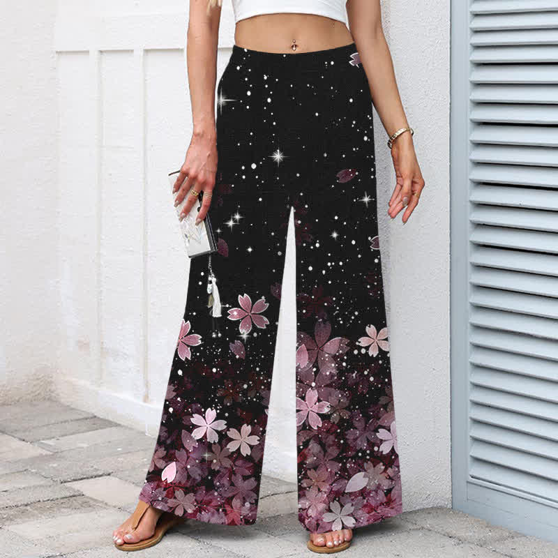 Buddha Stones Pantalon large à taille élastique et poches pour femme, en coton et lin noir à motif sakura - image 1
