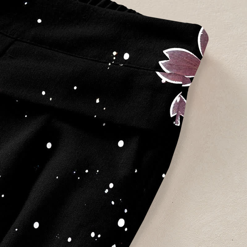 Buddha Stones Pantalon large à taille élastique et poches pour femme, en coton et lin noir à motif sakura - image 2