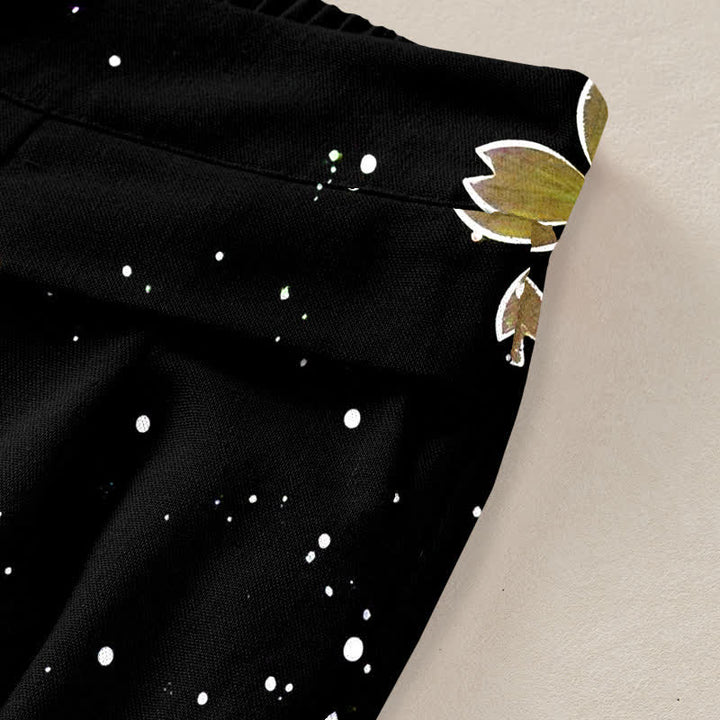 Buddha Stones Pantalon large à taille élastique et poches pour femme, en coton et lin noir à motif sakura - image 6