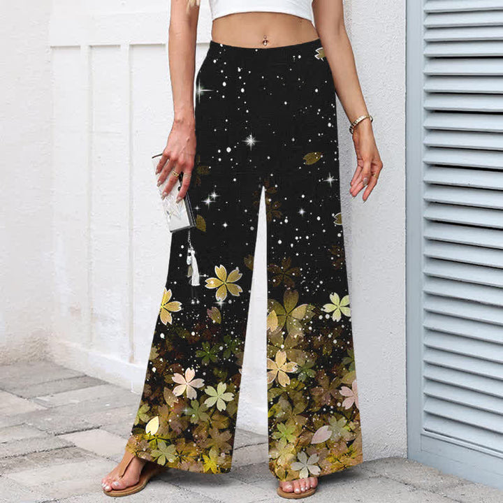 Buddha Stones Pantalon large à taille élastique et poches pour femme, en coton et lin noir à motif sakura - image 5