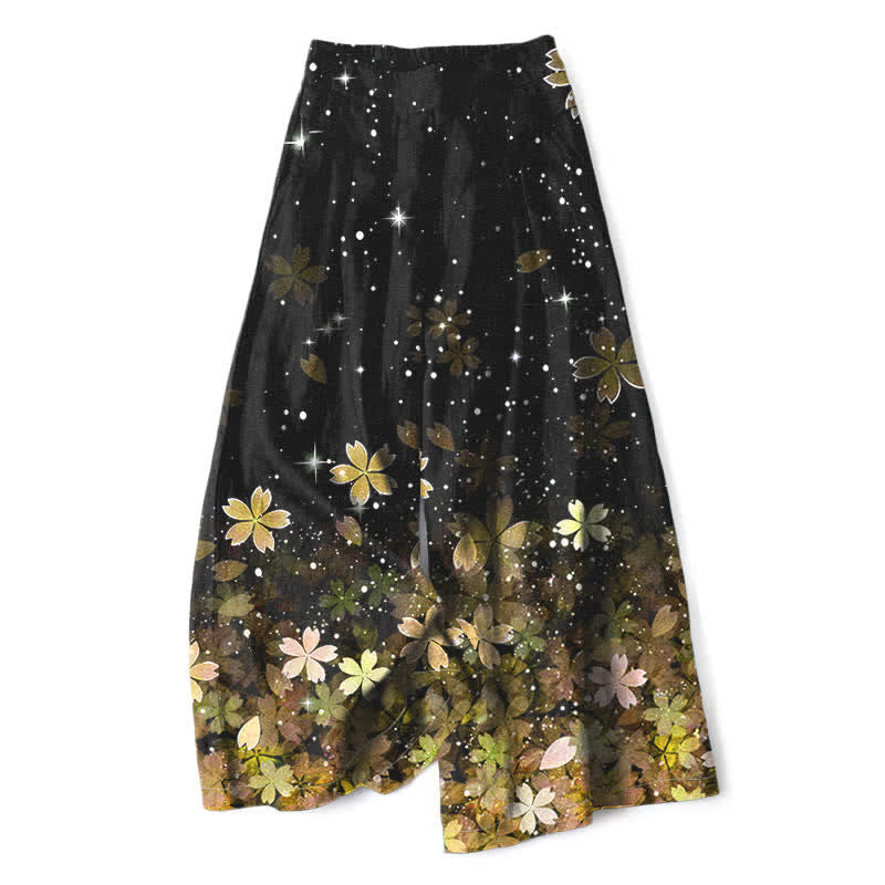 Buddha Stones Pantalon large à taille élastique et poches pour femme, en coton et lin noir à motif sakura - Jaune - US16，UK/AU20，EU48 (3XL) - image 4