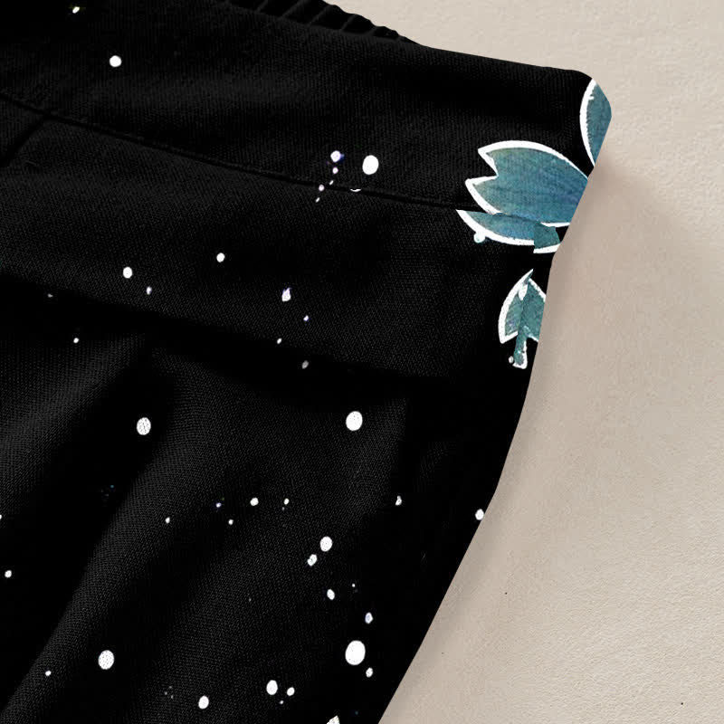 Buddha Stones Pantalon large à taille élastique et poches pour femme, en coton et lin noir à motif sakura - image 10