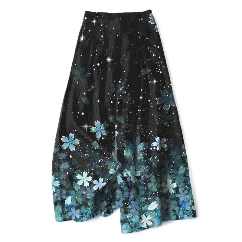Buddha Stones Pantalon large à taille élastique et poches pour femme, en coton et lin noir à motif sakura - Bleu ciel - US16，UK/AU20，EU48 (3XL) - image 8