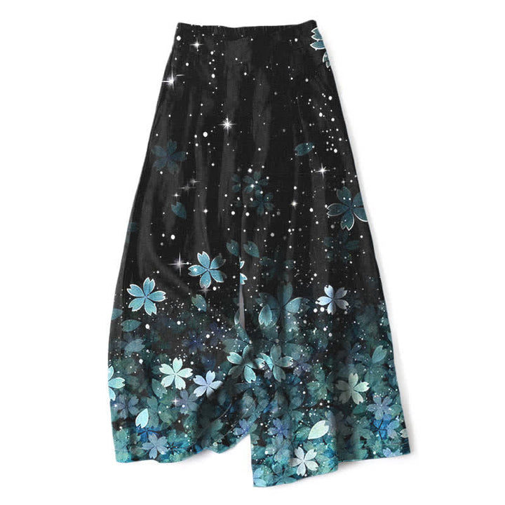 Buddha Stones Pantalon large à taille élastique et poches pour femme, en coton et lin noir à motif sakura - Bleu ciel - US16，UK/AU20，EU48 (3XL) - image 8