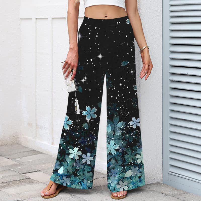 Buddha Stones Pantalon large à taille élastique et poches pour femme, en coton et lin noir à motif sakura - image 9
