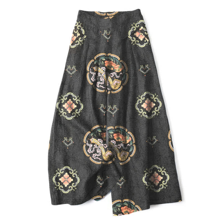 Buddha Stones Pantalon large à taille élastique et poches pour femme, en coton et lin, motif médaillon bohème - Noir - US16，UK/AU20，EU48 (3XL) - image 0