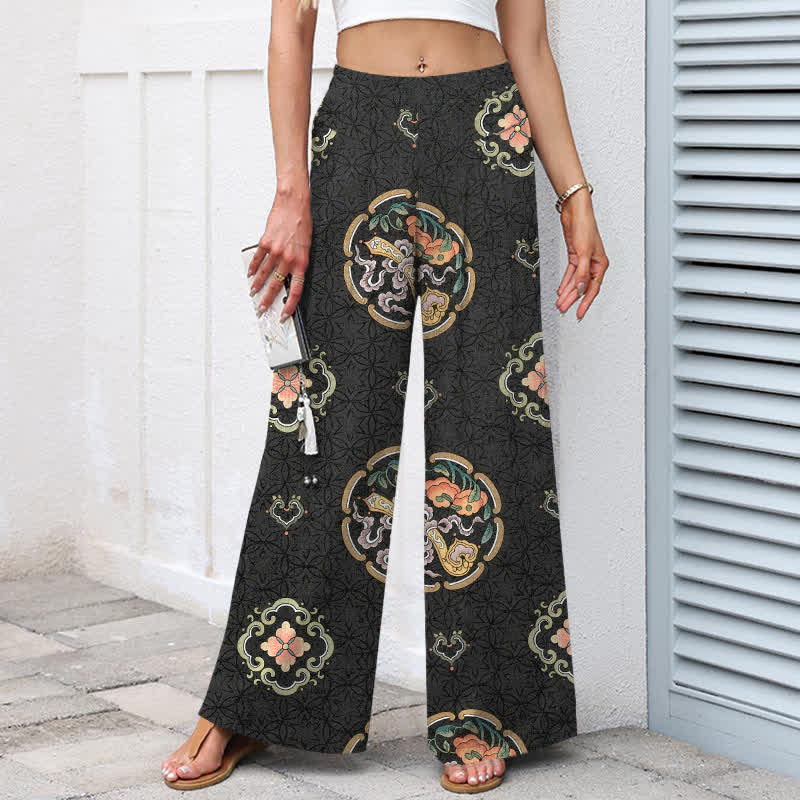 Buddha Stones Pantalon large à taille élastique et poches pour femme, en coton et lin, motif médaillon bohème - image 1