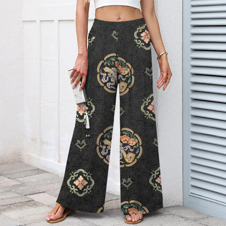Buddha Stones Pantalon large à taille élastique et poches pour femme, en coton et lin, motif médaillon bohème - image 1