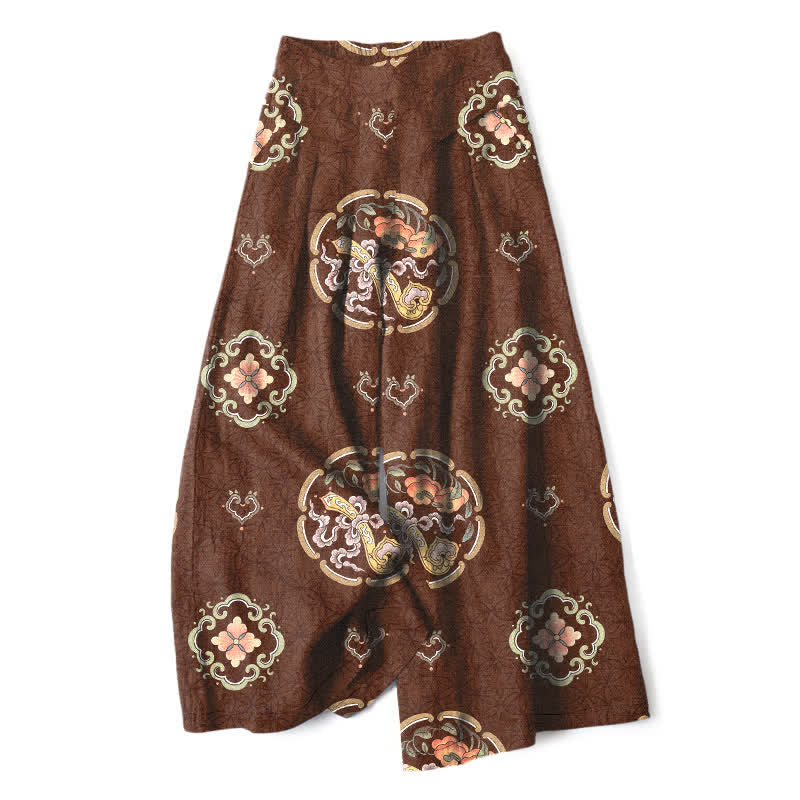Buddha Stones Pantalon large à taille élastique et poches pour femme, en coton et lin, motif médaillon bohème - Terre de sienne - US16，UK/AU20，EU48 (3XL) - image 4