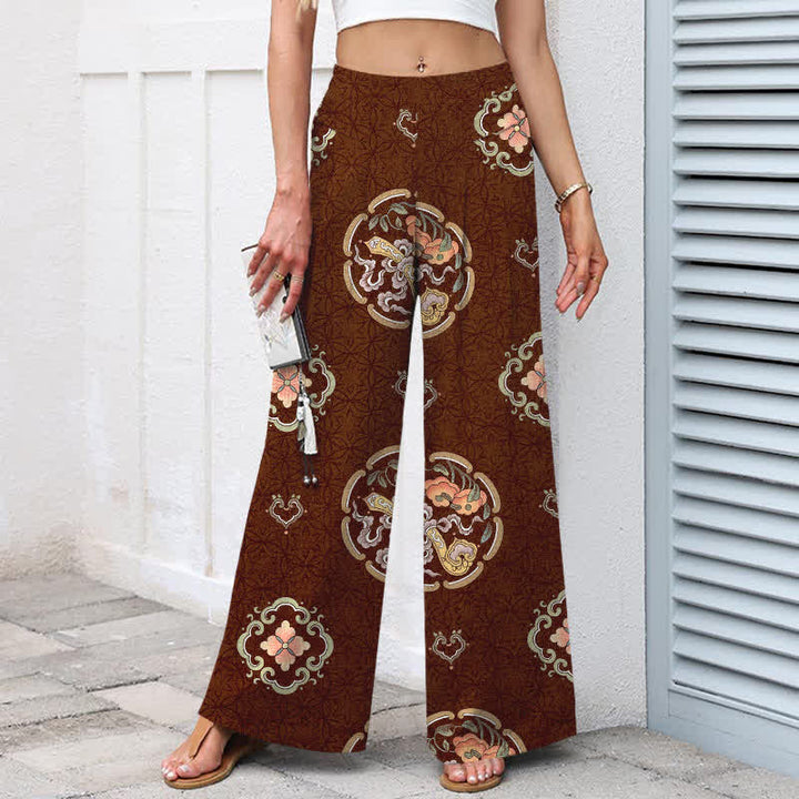 Buddha Stones Pantalon large à taille élastique et poches pour femme, en coton et lin, motif médaillon bohème - image 5