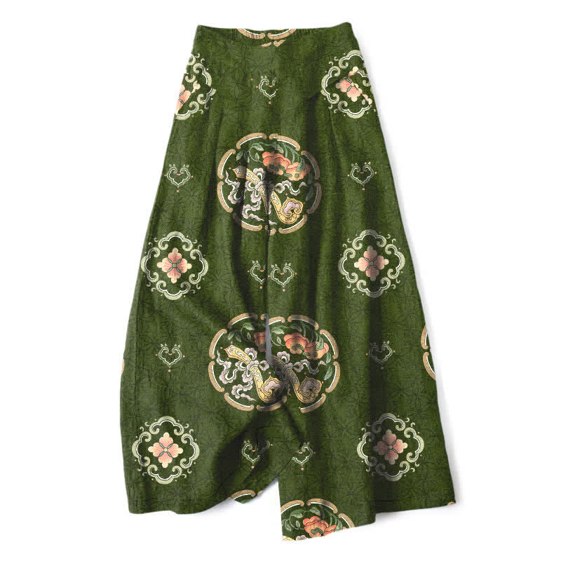 Buddha Stones Pantalon large à taille élastique et poches pour femme, en coton et lin, motif médaillon bohème - Vert olive foncé - US16，UK/AU20，EU48 (3XL) - image 8