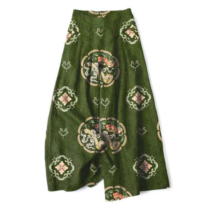 Buddha Stones Pantalon large à taille élastique et poches pour femme, en coton et lin, motif médaillon bohème - Vert olive foncé - US16，UK/AU20，EU48 (3XL) - image 8