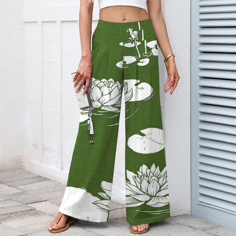 Buddha Stones Pantalon large à taille élastique et poches pour femme, en coton et lin, motif feuille de lotus - image 1