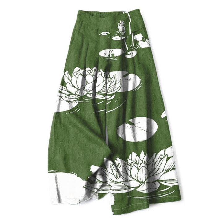 Buddha Stones Pantalon large à taille élastique et poches pour femme, en coton et lin, motif feuille de lotus - Vert forêt - US16，UK/AU20，EU48 (3XL) - image 0