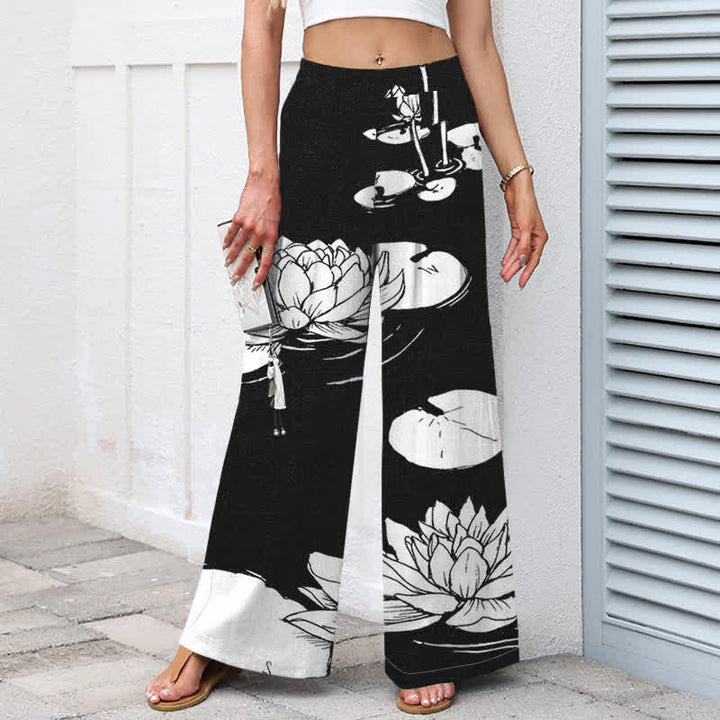 Buddha Stones Pantalon large à taille élastique et poches pour femme, en coton et lin, motif feuille de lotus - image 5