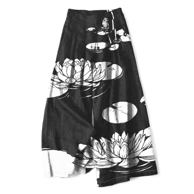 Buddha Stones Pantalon large à taille élastique et poches pour femme, en coton et lin, motif feuille de lotus - Noir - US16，UK/AU20，EU48 (3XL) - image 4