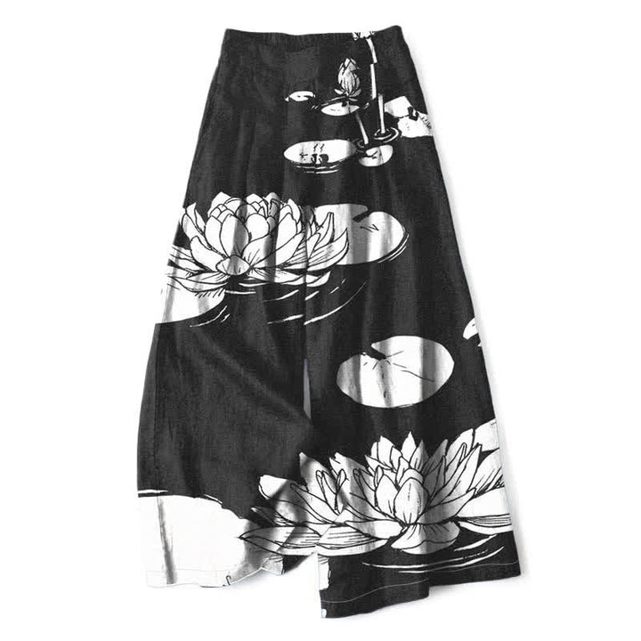 Buddha Stones Pantalon large à taille élastique et poches pour femme, en coton et lin, motif feuille de lotus - Noir - US16，UK/AU20，EU48 (3XL) - image 4