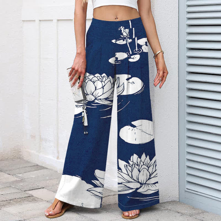 Buddha Stones Pantalon large à taille élastique et poches pour femme, en coton et lin, motif feuille de lotus - image 9