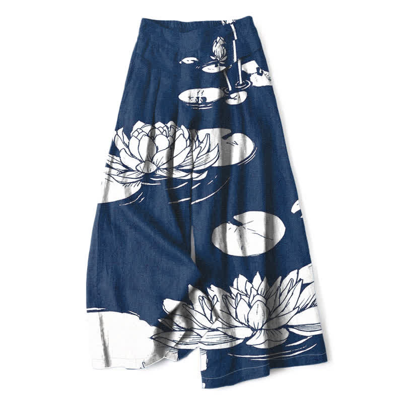 Buddha Stones Pantalon large à taille élastique et poches pour femme, en coton et lin, motif feuille de lotus - Marine - US16，UK/AU20，EU48 (3XL) - image 8