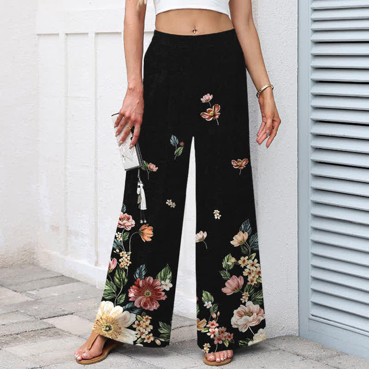 Buddha Stones Pantalon large à taille élastique et poches pour femme, en coton et lin, motif floral bohème - image 1