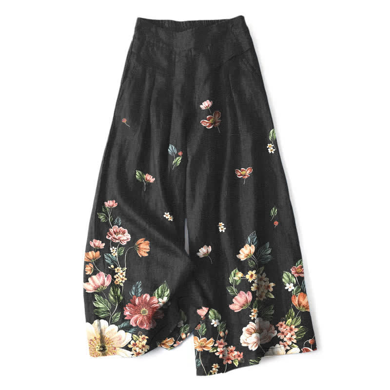 Buddha Stones Pantalon large à taille élastique et poches pour femme, en coton et lin, motif floral bohème - Noir - US16，UK/AU20，EU48 (3XL) - image 0