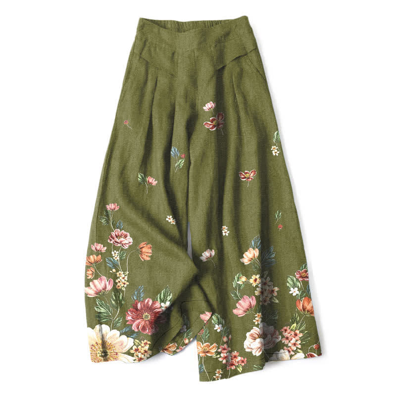 Buddha Stones Pantalon large à taille élastique et poches pour femme, en coton et lin, motif floral bohème - Vert olive - US16，UK/AU20，EU48 (3XL) - image 4