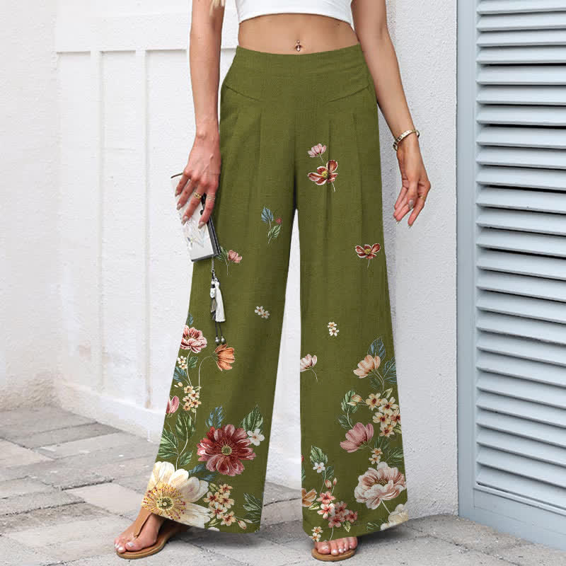 Buddha Stones Pantalon large à taille élastique et poches pour femme, en coton et lin, motif floral bohème - image 5