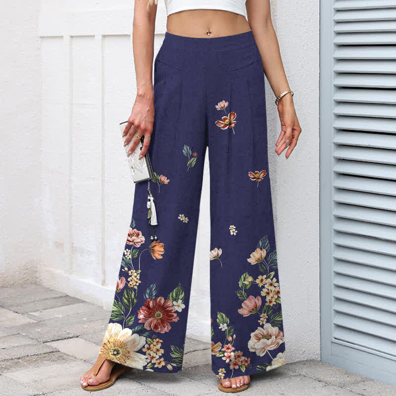Buddha Stones Pantalon large à taille élastique et poches pour femme, en coton et lin, motif floral bohème - image 9
