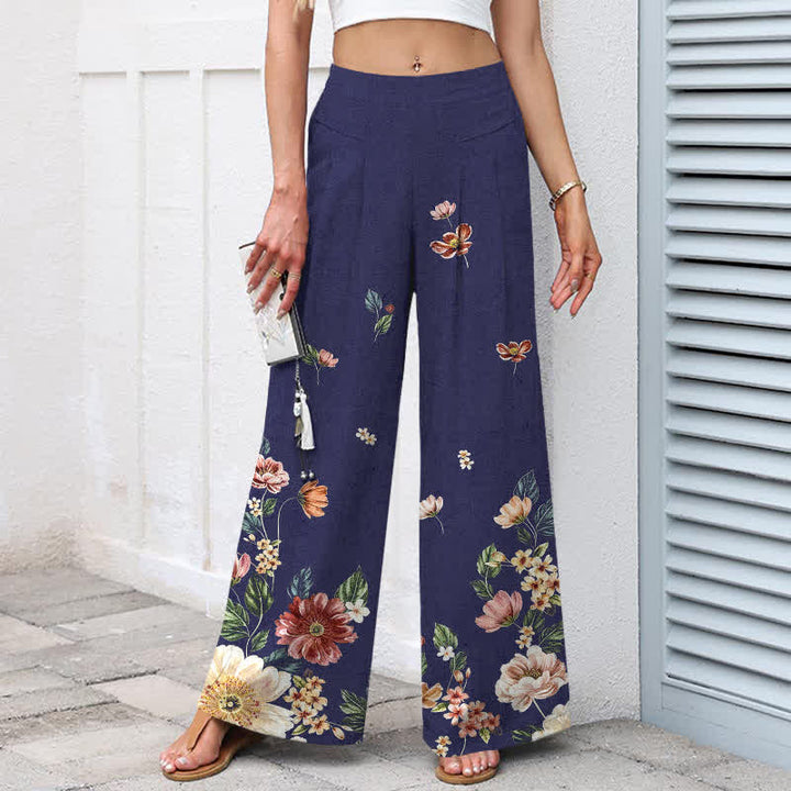 Buddha Stones Pantalon large à taille élastique et poches pour femme, en coton et lin, motif floral bohème - image 9