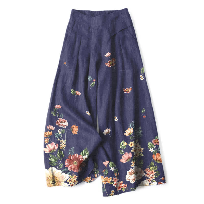 Buddha Stones Pantalon large à taille élastique et poches pour femme, en coton et lin, motif floral bohème - Marine - US16，UK/AU20，EU48 (3XL) - image 8