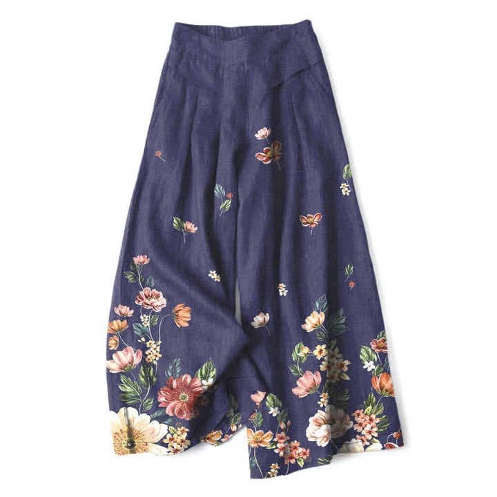 Buddha Stones Pantalon large à taille élastique et poches pour femme, en coton et lin, motif floral bohème - Marine - US16，UK/AU20，EU48 (3XL) - image 8