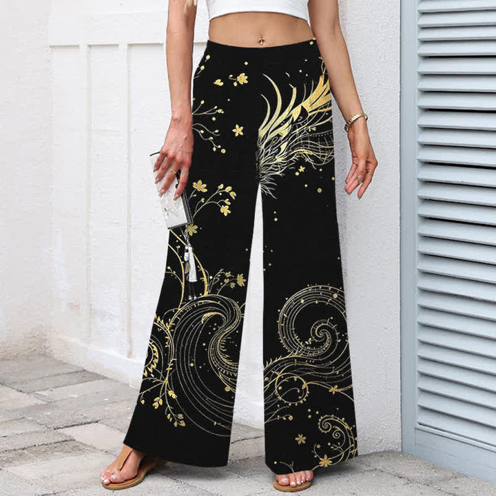 Buddha Stones Pantalon large à taille élastique et poches pour femme, en coton et lin, motif vagues dragon - image 1