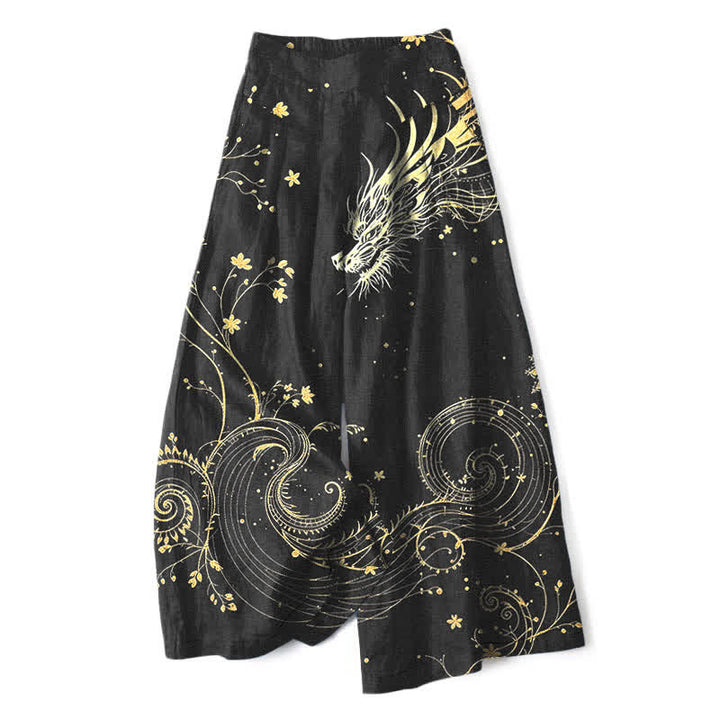 Buddha Stones Pantalon large à taille élastique et poches pour femme, en coton et lin, motif vagues dragon - Noir - US16，UK/AU20，EU48 (3XL) - image 0