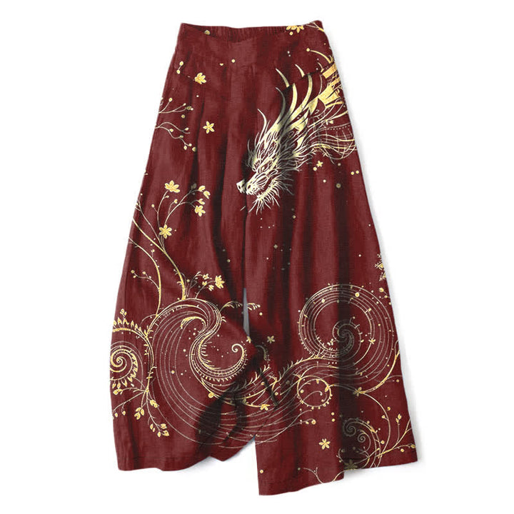 Buddha Stones Pantalon large à taille élastique et poches pour femme, en coton et lin, motif vagues dragon - Bordeaux - US16，UK/AU20，EU48 (3XL) - image 4
