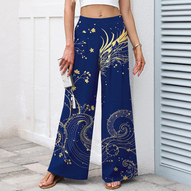 Buddha Stones Pantalon large à taille élastique et poches pour femme, en coton et lin, motif vagues dragon - image 9