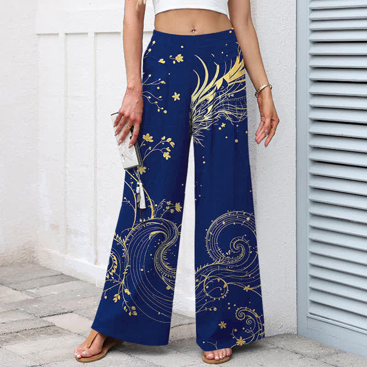 Buddha Stones Pantalon large à taille élastique et poches pour femme, en coton et lin, motif vagues dragon - image 9