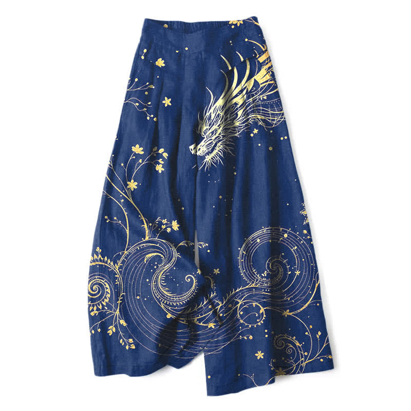Buddha Stones Pantalon large à taille élastique et poches pour femme, en coton et lin, motif vagues dragon - Marine - US16，UK/AU20，EU48 (3XL) - image 8