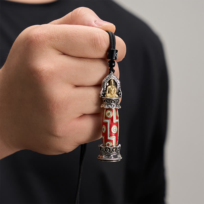 Buddha Stones Collier pendentif tibétain en cuivre à neuf yeux, orné d'un motif de perles Dzi, symbole de protection. - image 4