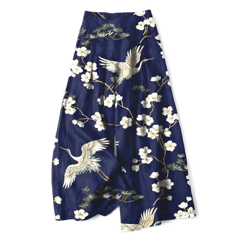 Buddha Stones Pantalon large en coton et lin à motif floral de grues pour femme, taille élastique et poches - Marine - US16，UK/AU20，EU48 (3XL) - image 0