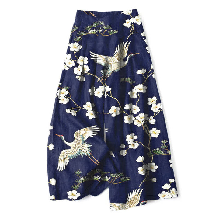 Buddha Stones Pantalon large en coton et lin à motif floral de grues pour femme, taille élastique et poches - Marine - US16，UK/AU20，EU48 (3XL) - image 0