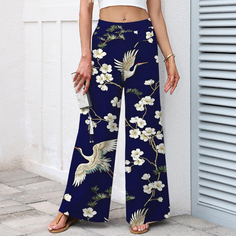 Buddha Stones Pantalon large en coton et lin à motif floral de grues pour femme, taille élastique et poches - image 1