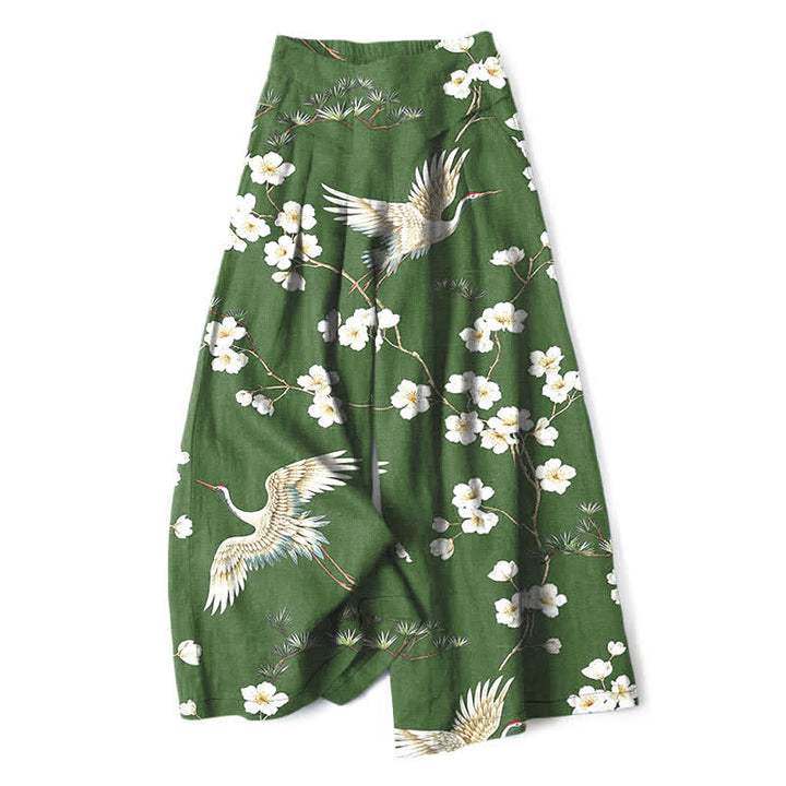 Buddha Stones Pantalon large en coton et lin à motif floral de grues pour femme, taille élastique et poches - Vert forêt - US16，UK/AU20，EU48 (3XL) - image 4
