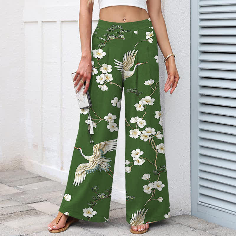 Buddha Stones Pantalon large en coton et lin à motif floral de grues pour femme, taille élastique et poches - image 5