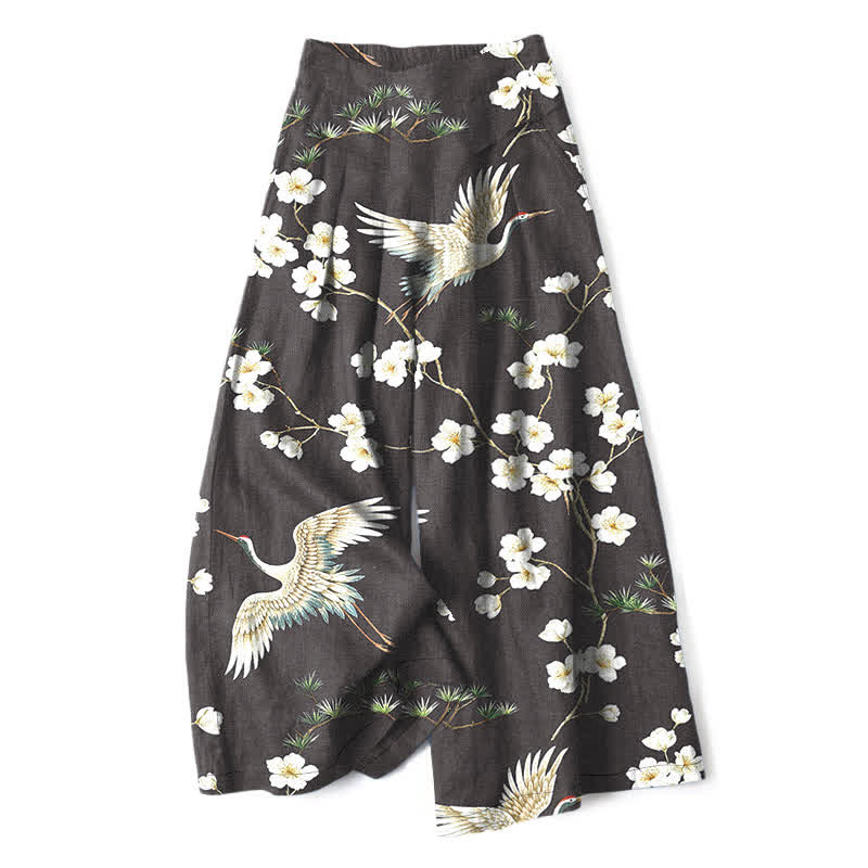 Buddha Stones Pantalon large en coton et lin à motif floral de grues pour femme, taille élastique et poches - Noir - US16，UK/AU20，EU48 (3XL) - image 8