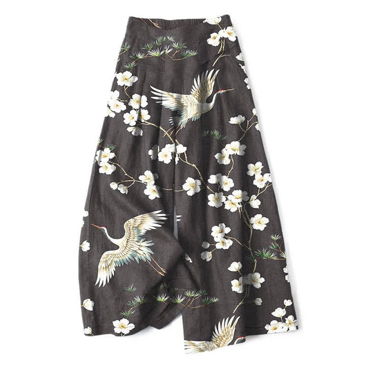 Buddha Stones Pantalon large en coton et lin à motif floral de grues pour femme, taille élastique et poches - Noir - US16，UK/AU20，EU48 (3XL) - image 8