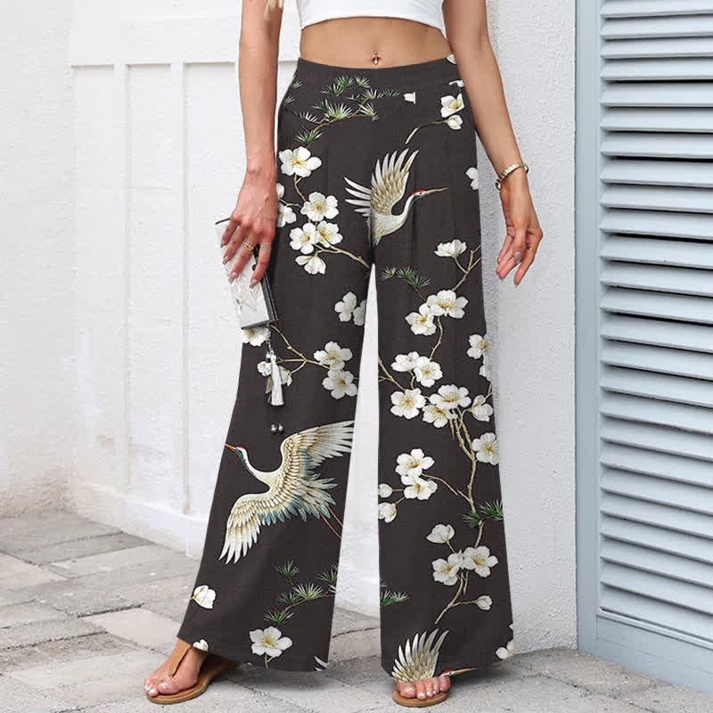 Buddha Stones Pantalon large en coton et lin à motif floral de grues pour femme, taille élastique et poches - image 9