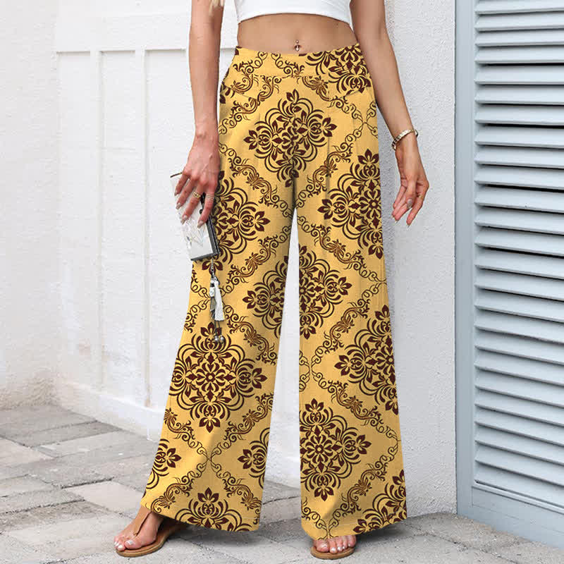 Buddha Stones Pantalon large à taille élastique et poches pour femme, en coton et lin, motif floral baroque - image 1