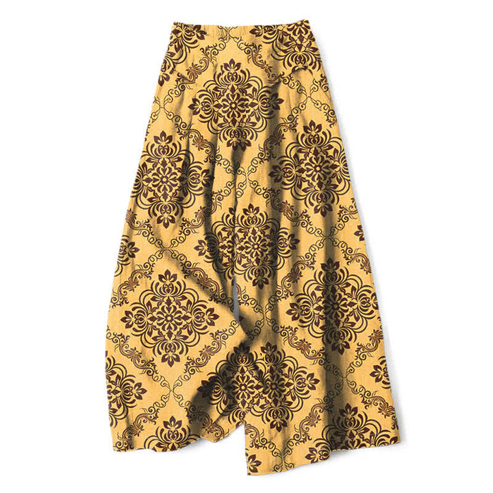 Buddha Stones Pantalon large à taille élastique et poches pour femme, en coton et lin, motif floral baroque - Or - US16，UK/AU20，EU48 (3XL) - image 0