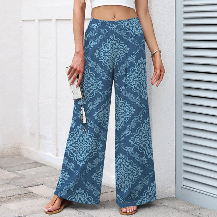 Buddha Stones Pantalon large à taille élastique et poches pour femme, en coton et lin, motif floral baroque - image 5
