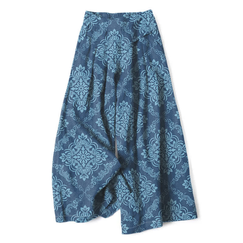 Buddha Stones Pantalon large à taille élastique et poches pour femme, en coton et lin, motif floral baroque - SteelBlue - US16，UK/AU20，EU48 (3XL) - image 4